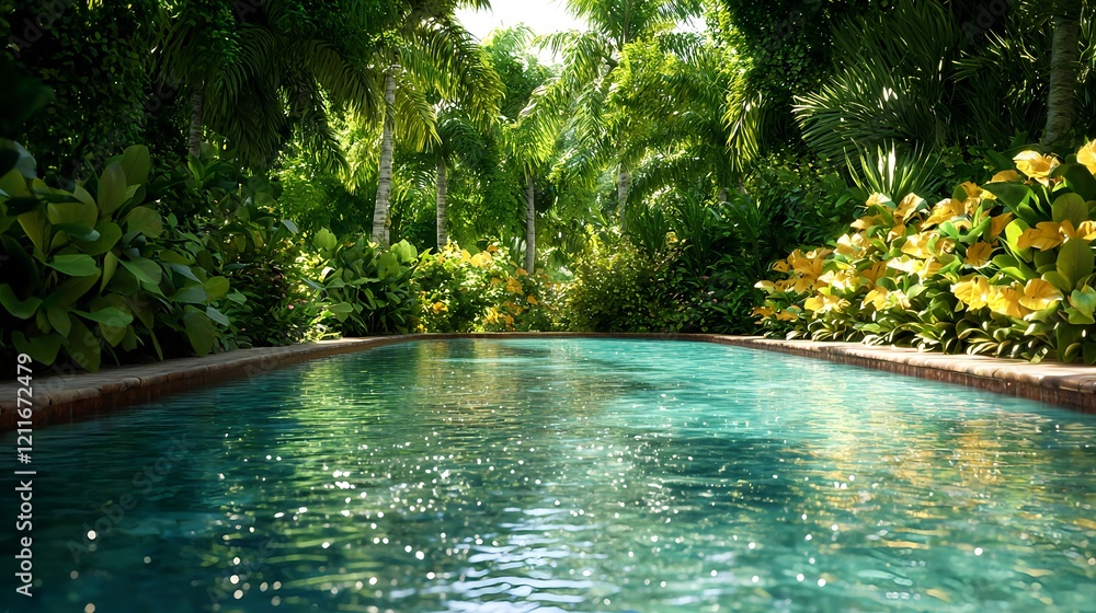 Tranquil Resort Pool Surrounded by Lush Tropical Vegetation Tranquil Resort Pool Surrounded by Lush Tropical Vegetation