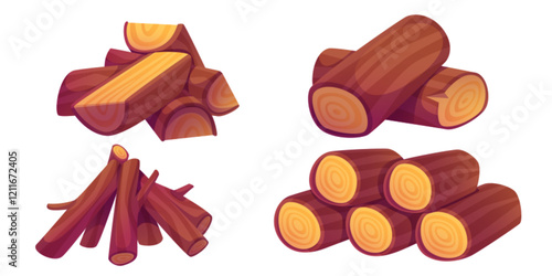 Wooden logs collection - chopped firewood pieces, scattered timber chunks, stacked lumber pile with visible growth rings. Natural material elements campfire. Cartoon woodwork textured bark stacks.