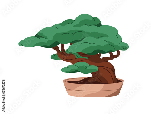 Twisted bonsai tree growing in pot. Japanese plant, wood with green leaves, foliage. Traditional Asian houseplant in flowerpot icon. Home garden. Flat isolated vector illustration on white background