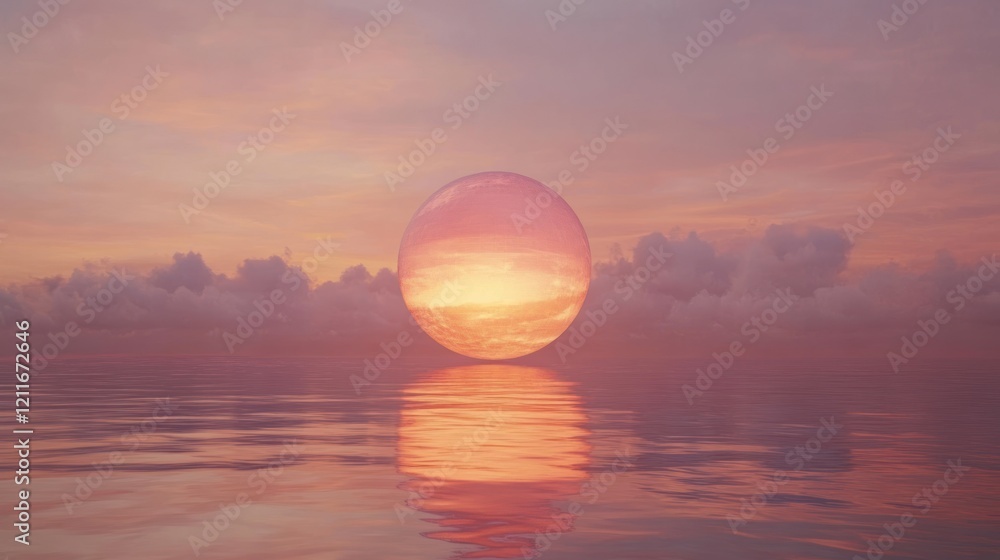 Abstract sunset sphere over a tranquil pink sea and cloudy horizon at dusk Abstract sunset sphere over a tranquil pink sea and cloudy horizon at dusk