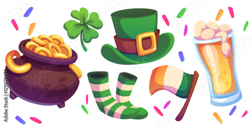 Saint Patrick day celebration set with traditional elements - magical cauldron full gold coins, lucky clover shamrock, leprechaun green hat with buckle, striped socks, Irish flag, foamy beer glass.