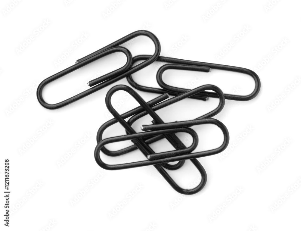 Black paper clips isolated on white, top view Black paper clips isolated on white, top view