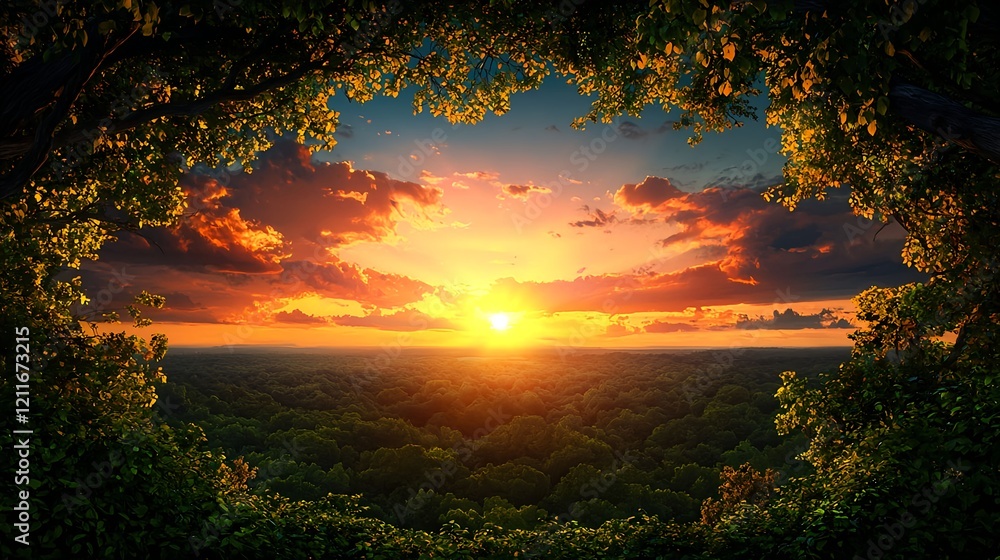 Fototapeta premium Majestic Sunset Over Lush Forest Framed by Vibrant Green Leaves