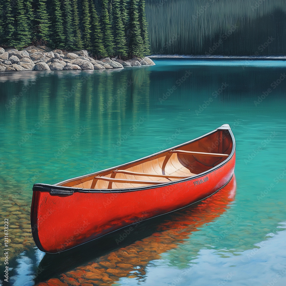 Obraz premium Vibrant Red Canoe Gliding Across the Crystal-Clear Waters, Representing Adventure and Exploration