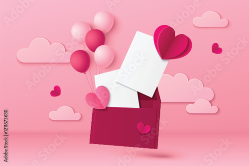 3d love letter on pink background with blank white post card inside red envelope decorated by floating papercut hearts, balloons and fluffy clouds. Greeting message mockup for Valentine or Mother day.