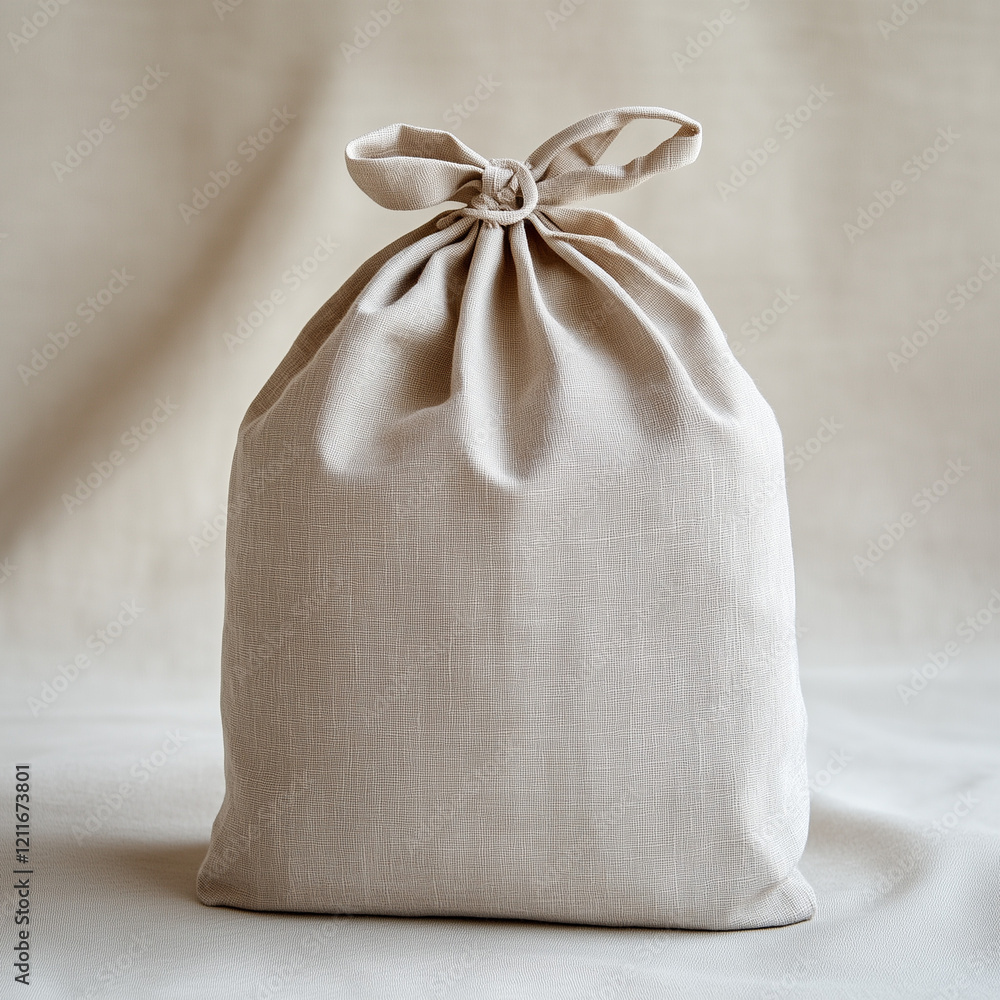 Soft Linen Gift Bag on Light Beige Backdrop, Representing Natural and Elegant Packaging Soft Linen Gift Bag on Light Beige Backdrop, Representing Natural and Elegant Packaging