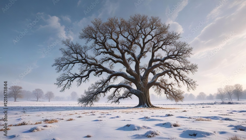 Majestic snow-covered oak tree in the middle of snowy field, oak tree, field, isolation Majestic snow-covered oak tree in the middle of snowy field, oak tree, field, isolation