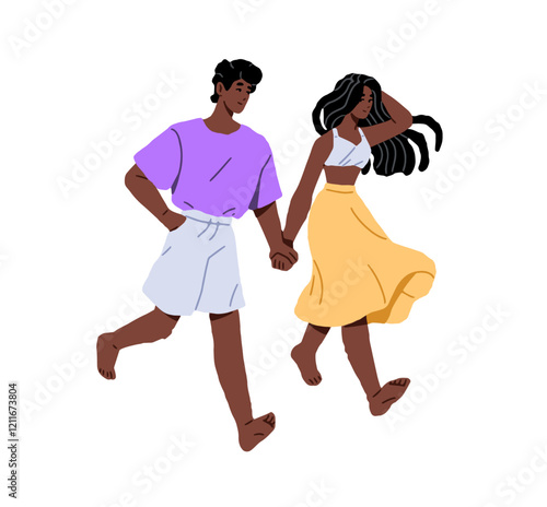 Cute African American couple walking, holds hands on romantic date in summer. Happy boyfriend and girlfriend stroll barefoot together outdoors. Flat isolated vector illustration on white background