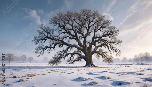 Majestic snow-covered oak tree in the middle of snowy field, oak tree, field, isolation photo