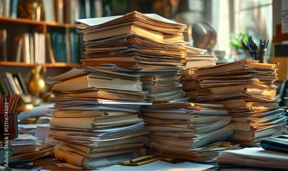 Obraz premium Massive stacks of disorganized papers and files.