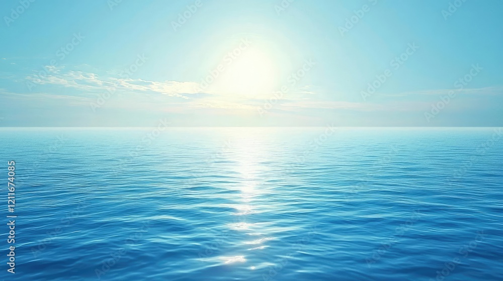 Obraz premium Soft blue watercolor idea. A serene view of the ocean under a bright blue sky with gentle waves reflecting sunlight.