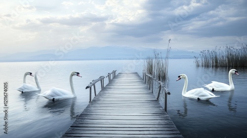 Swans Lake Pier Serenity Calm Peaceful Nature Wallpaper