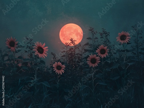 Vivid red moon illuminates a field of sunflowers under a dark night sky, creating a slightly eerie yet enchanting rural scene with a sense of both magic and natural beauty.