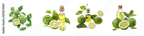 Set of bergamot essential oil in bottle, isolated on transparent background