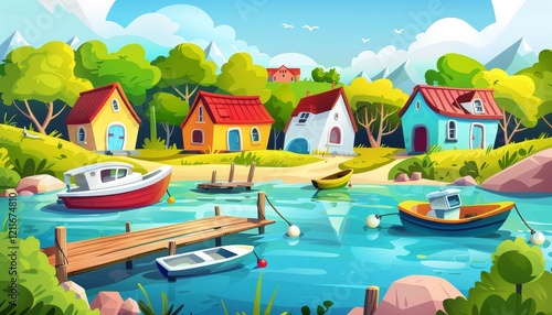 Colorful houses with red roofs on a lakeshore with a wooden pier, boats, and mountains in the background.
