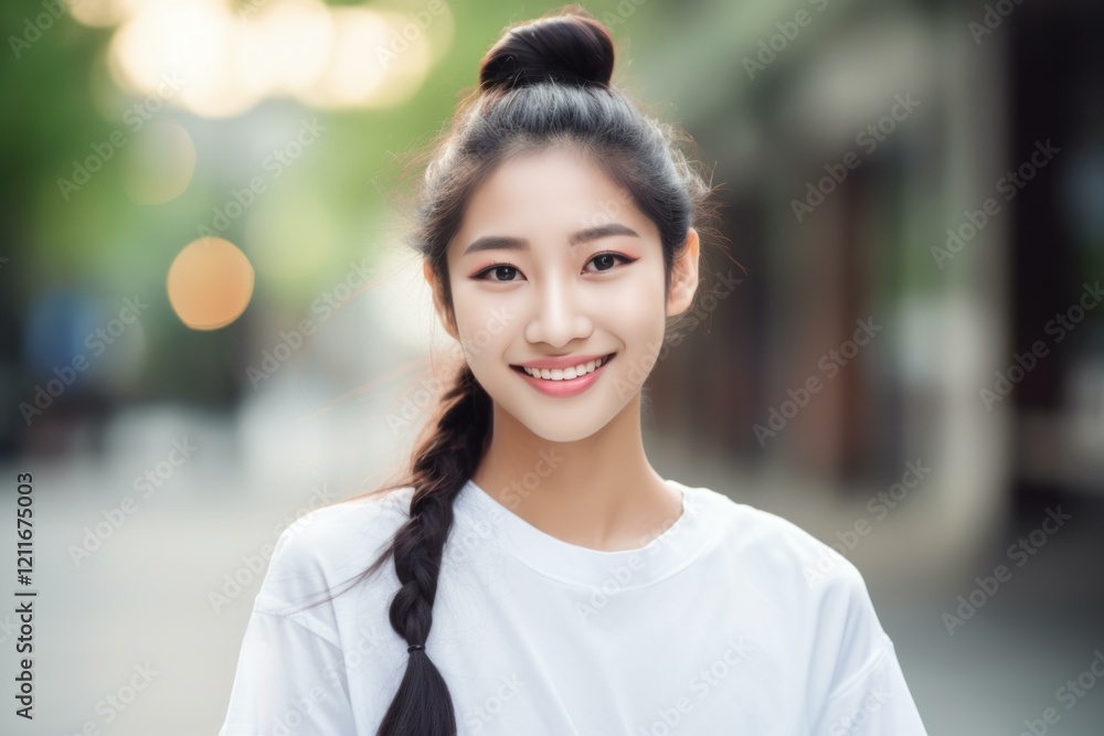 Portrait of a cheerful young asian woman smiling, showcasing a stylish braided hair with a top knot Portrait of a cheerful young asian woman smiling, showcasing a stylish braided hair with a top knot