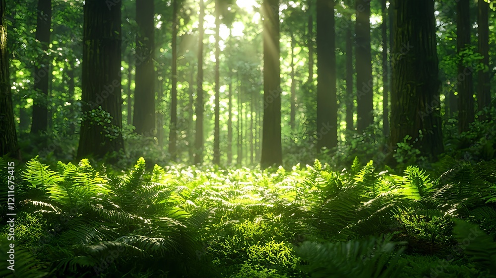 Obraz premium Sunlight Illuminates Lush Ferns in Enchanted Forest Scene