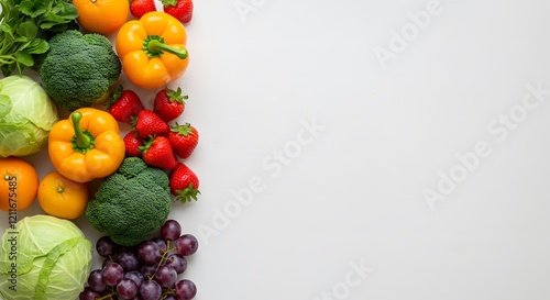Clean modern kitchen counter with fresh vegetables neatly placed on one side and the other side empty for design or text overlays.