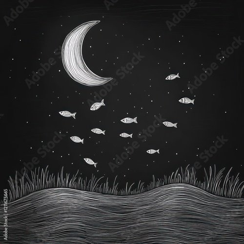 Chalk Night Sky Fish Pond Illustration photo