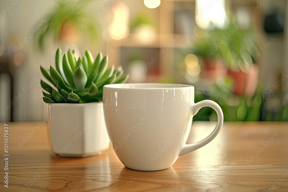 Sharp Image of a White Coffee Cup Sits on a Table Next to a Potted Plant Sharp Image of a White Coffee Cup Sits on a Table Next to a Potted Plant