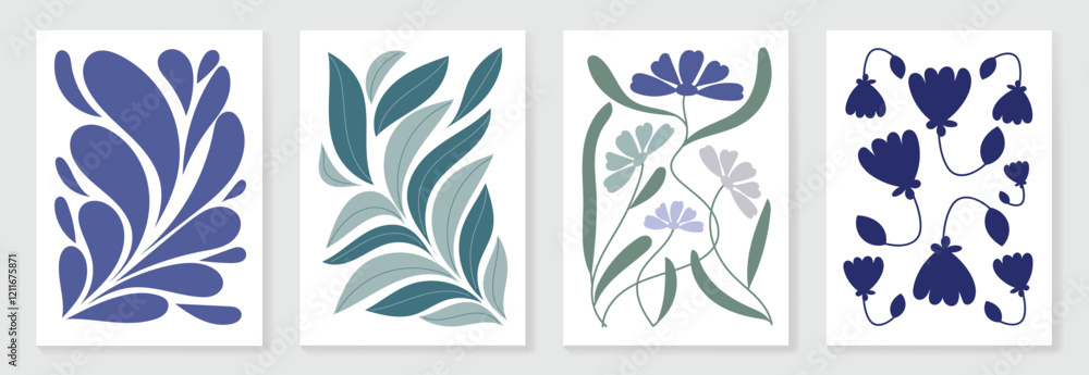 Fototapeta premium Botanical doodle background art vector set. Flower and leaves abstract shape doodle art design for print, wallpaper, clipart, wall art for home decoration.