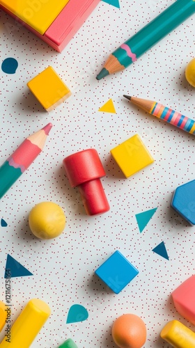 Brightly colored toys scattered on a playful surface inspire imagination and adventure for young minds. Shapes and colors encourage exploration during playtime photo