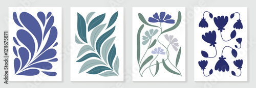Botanical doodle background art vector set. Flower and leaves abstract shape doodle art design for print, wallpaper, clipart, wall art for home decoration.