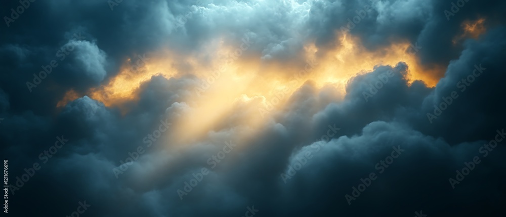 Golden light breaks through dark storm clouds. Golden light breaks through dark storm clouds.