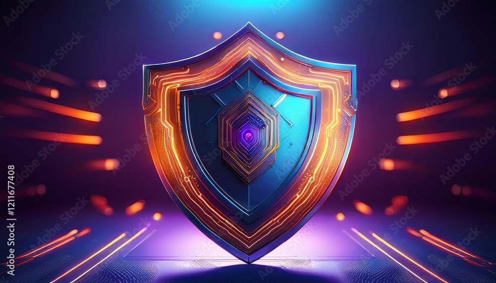Fototapeta premium A vibrant, futuristic shield with glowing accents set against a dark background, symbolizing protection and security in a digital realm.