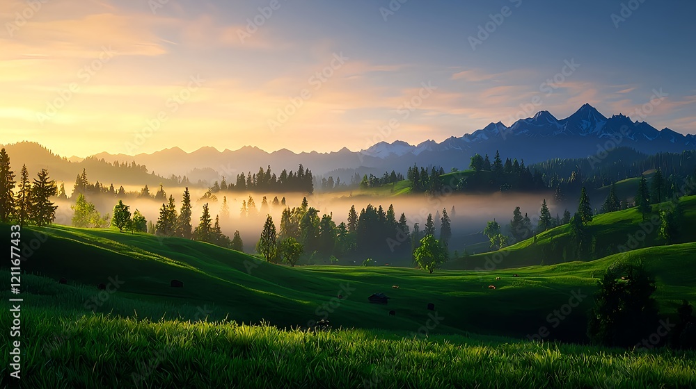 Naklejka premium Serene Morning Landscape with Mist Over Rolling Green Hills
