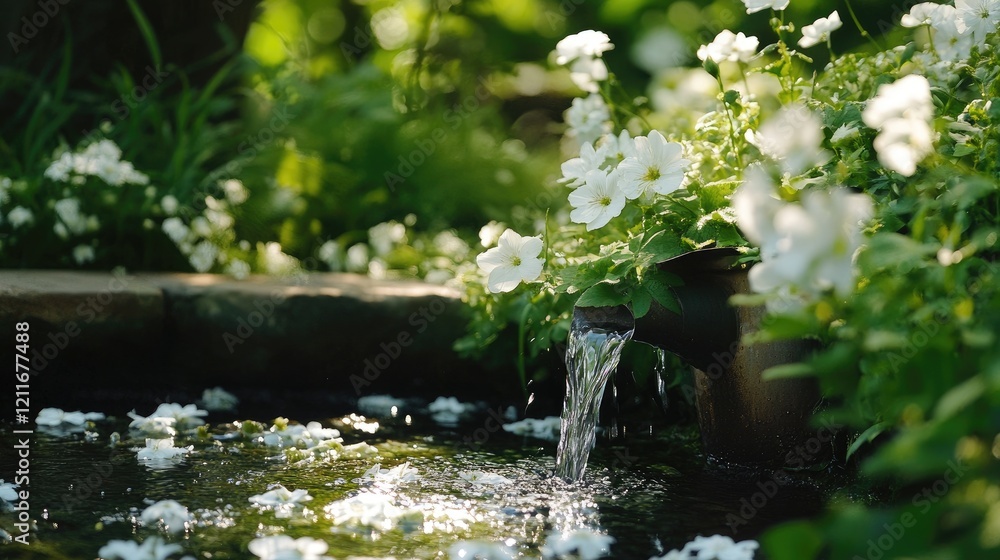 Naklejka premium A tranquil garden image where water is gently flowing from a can onto white flowers, highlighting the lush greenery and peaceful setting.