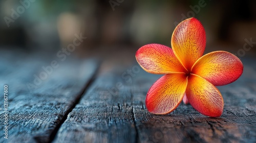 Vibrant plumeria flower close-up natural setting floral photography rustic background warm colors