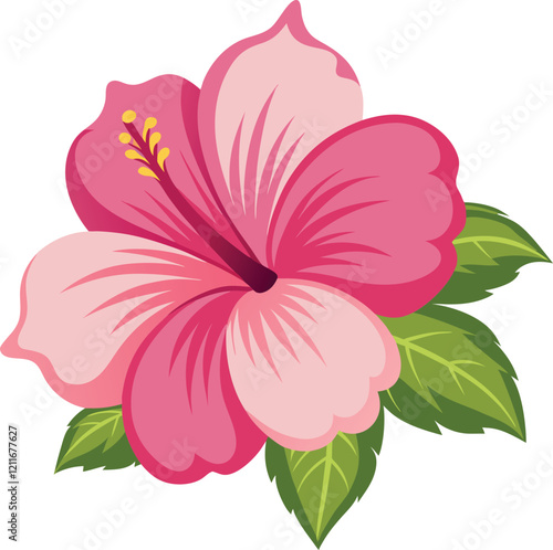 vector illustration of a pink hibiscus flower on white background with tropical leaves