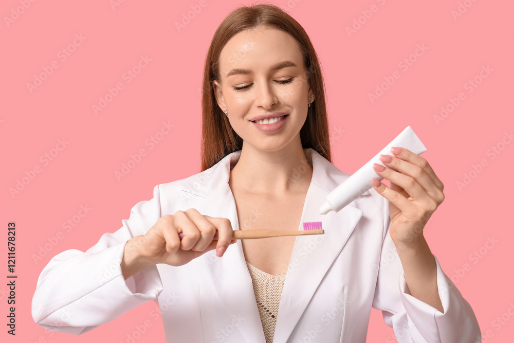 Young woman pouring tooth paste onto brush on pink background