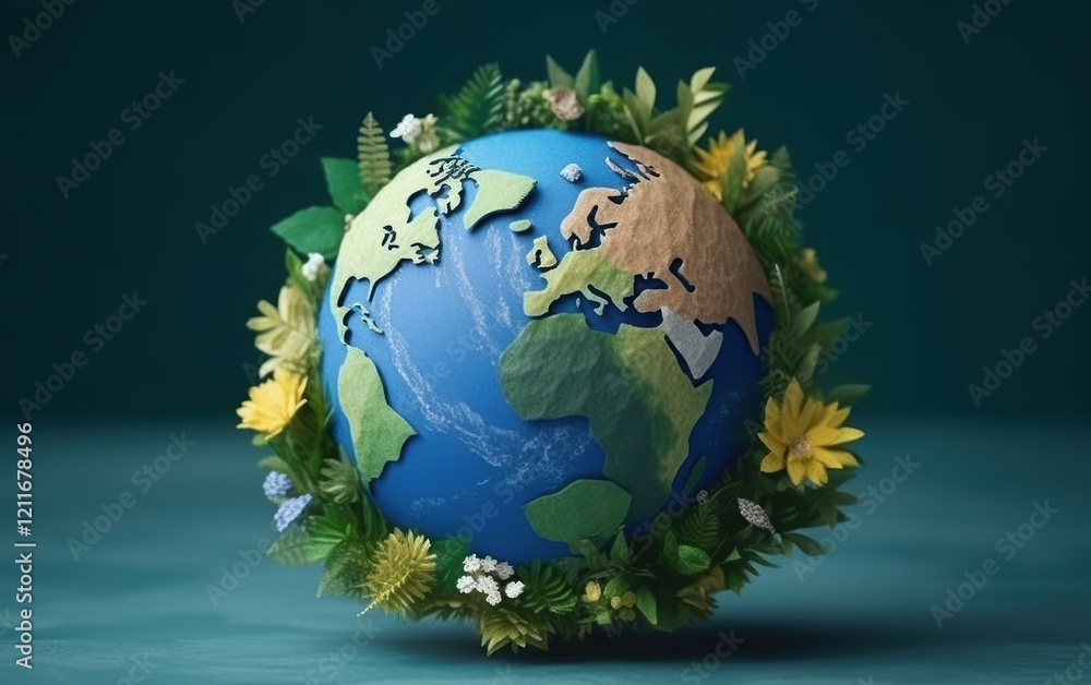 Fototapeta premium Earth Globe Surrounded by Flowers, a Symbol of Environmental Protection and Sustainability