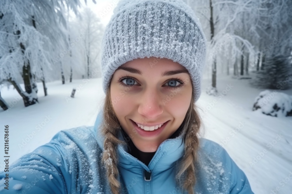 Happy young woman taking a selfie while enjoying a snowy winter day in a forest Happy young woman taking a selfie while enjoying a snowy winter day in a forest