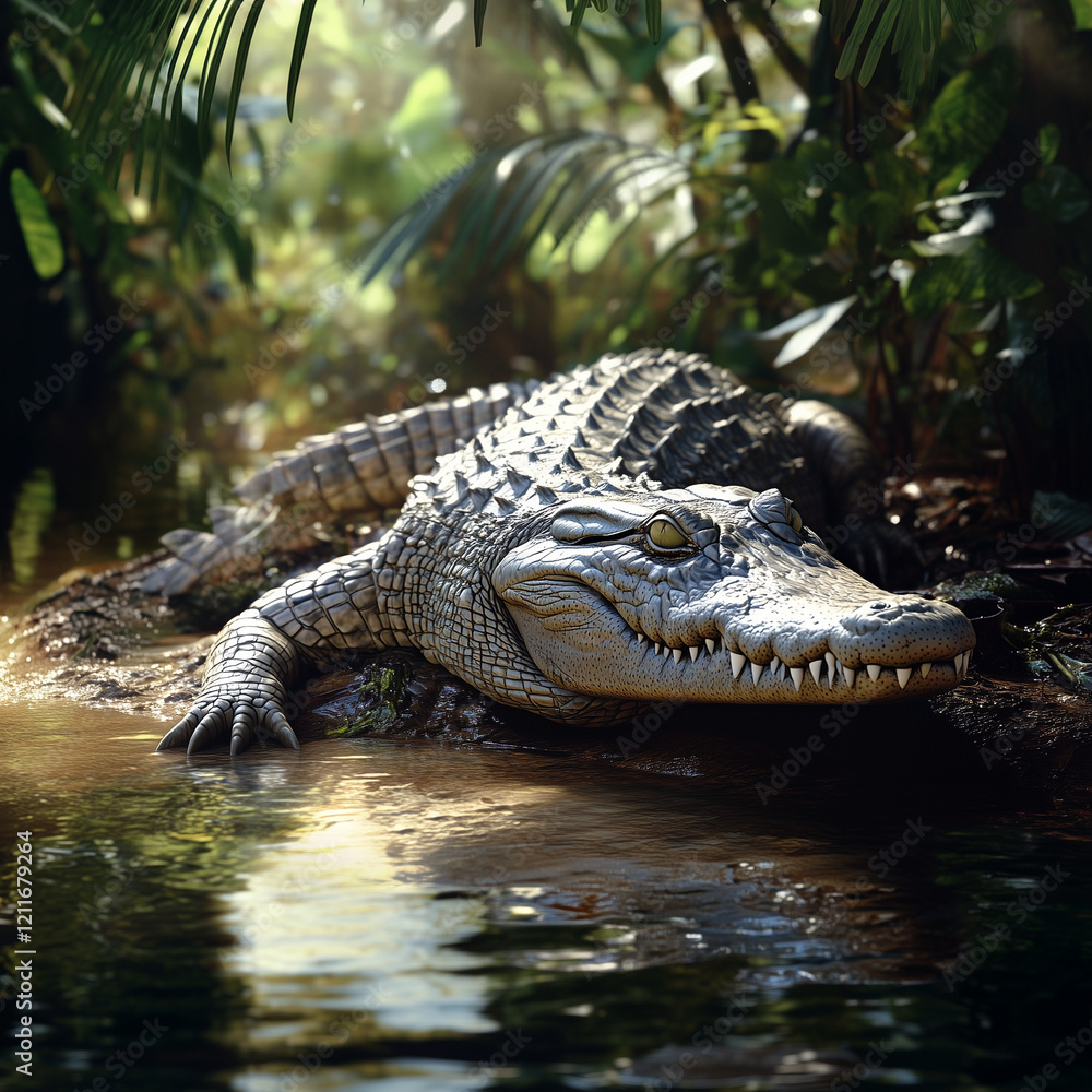 Obraz premium Crocodile in the jungle in the wild near the water. Illustration for a children's book
