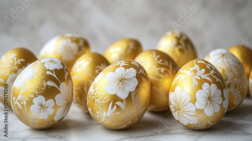 Decorative gold eggs with white floral patterns on marble surface photo