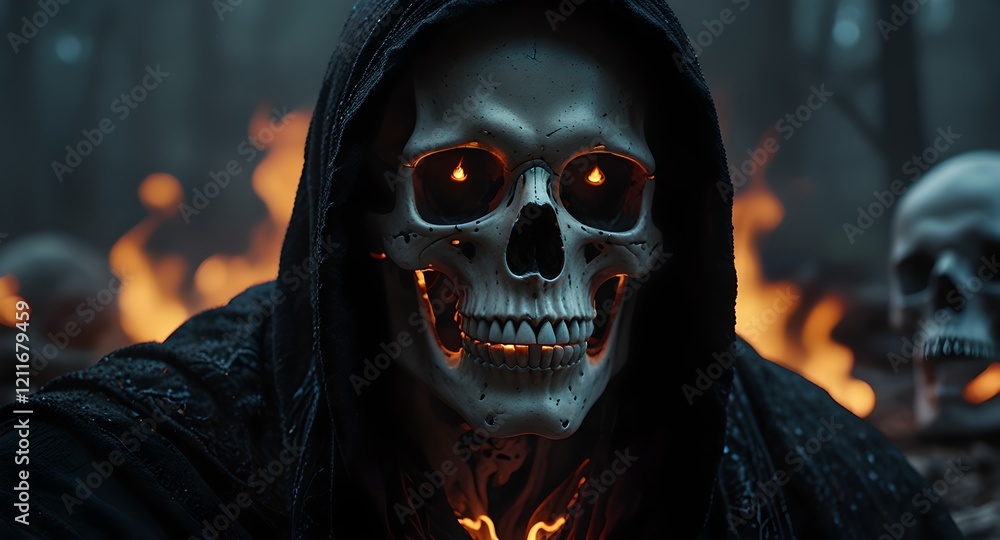 A skeletal figure with glowing eyes in a radiant hooded cape gazes into the fiery depths of a mystical skull. A skeletal figure with glowing eyes in a radiant hooded cape gazes into the fiery depths of a mystical skull.