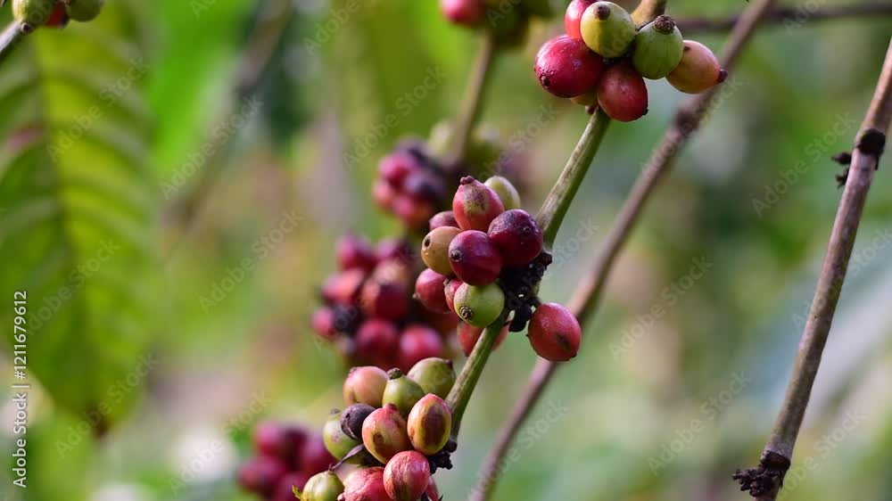 Close Up Coffee beans are ripe, harvested, branches of Arabica coffee, Coffee beans ripening on a tree, Branches adorned with ripe coffee cherries ready for harvest, colorful coffee berries