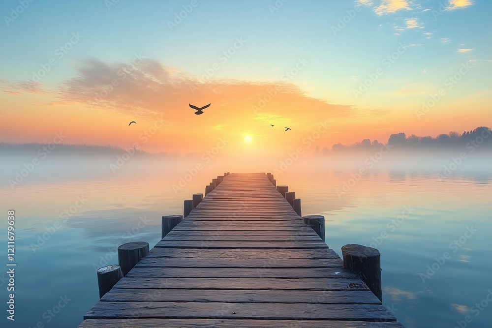 Obraz premium Wooden Pier Stretching Into Tranquil Lake Creating a Serene Escape in Nature