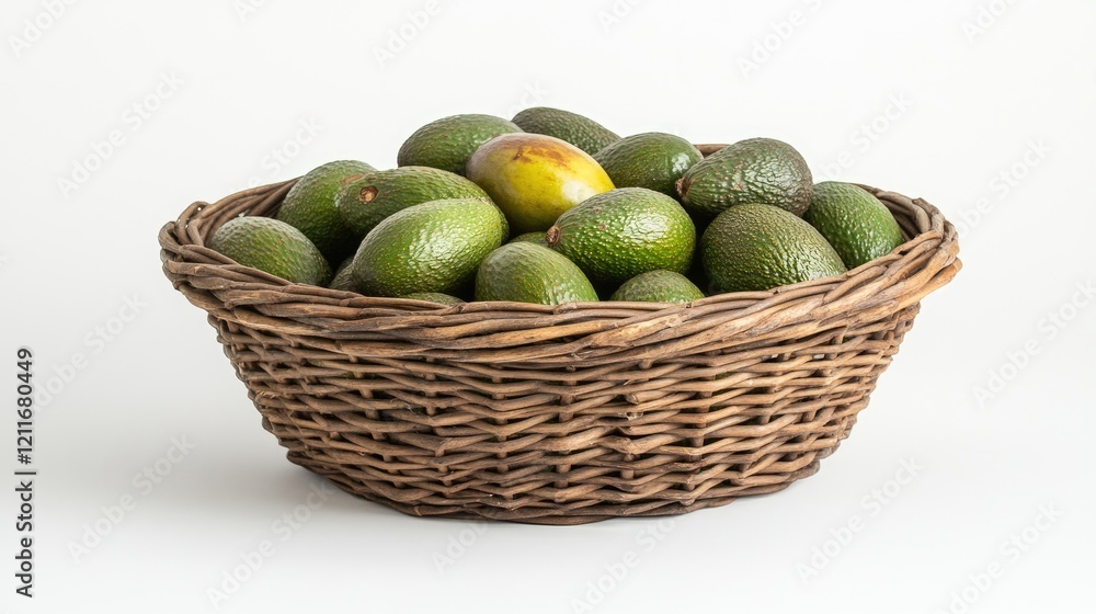A wicker basket filled with ripe, fresh avocados, arranged neatly on a solid white background with space for text. A wicker basket filled with ripe, fresh avocados, arranged neatly on a solid white background with space for text.