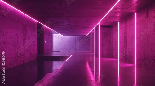 Neon pink lit concrete hallway leading to a pool. photo