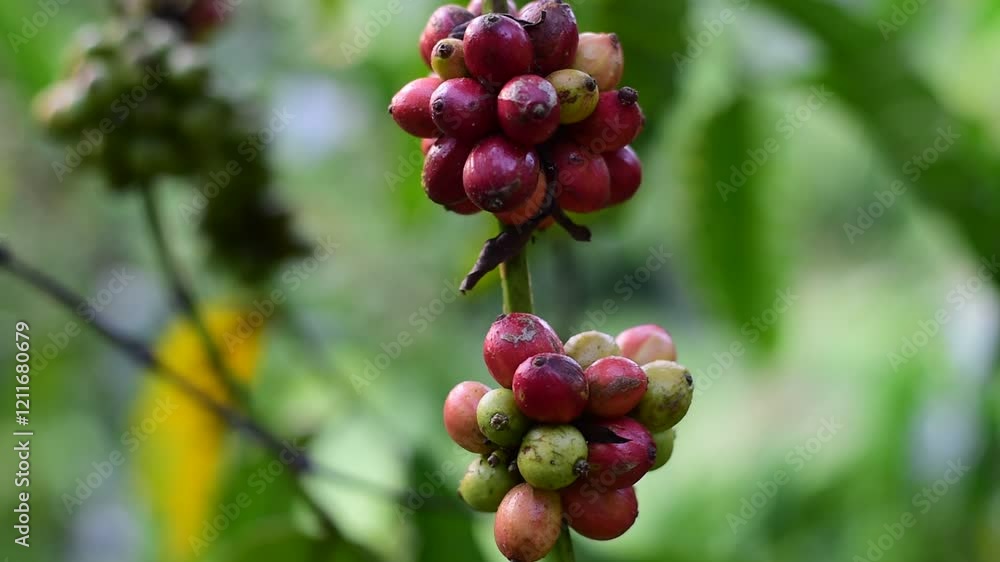 Close Up Coffee beans are ripe, harvested, branches of Arabica coffee, Coffee beans ripening on a tree, Branches adorned with ripe coffee cherries ready for harvest, colorful coffee berries Close Up Coffee beans are ripe, harvested, branches of Arabica coffee, Coffee beans ripening on a tree, Branches adorned with ripe coffee cherries ready for harvest, colorful coffee berries
