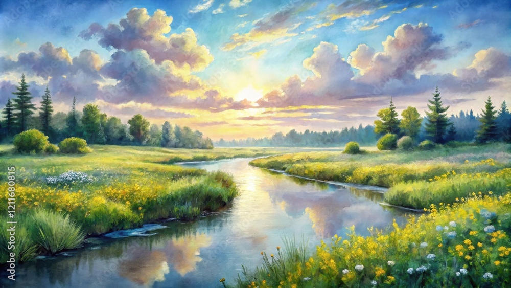 Serene Sunset River Scene A Pastoral Landscape with Wildflowers and Reflecting Sky Serene Sunset River Scene A Pastoral Landscape with Wildflowers and Reflecting Sky