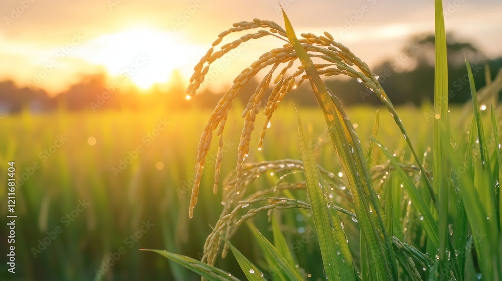 Fototapeta premium Dew-kissed rice, sunset field, rural agriculture