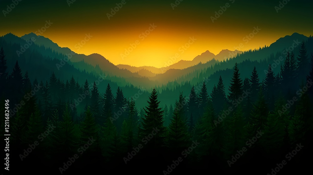 Obraz premium Serene Mountain Landscape at Dawn with Dense Forest and Misty Hills