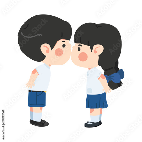 Cartoon little boy kissing a girl