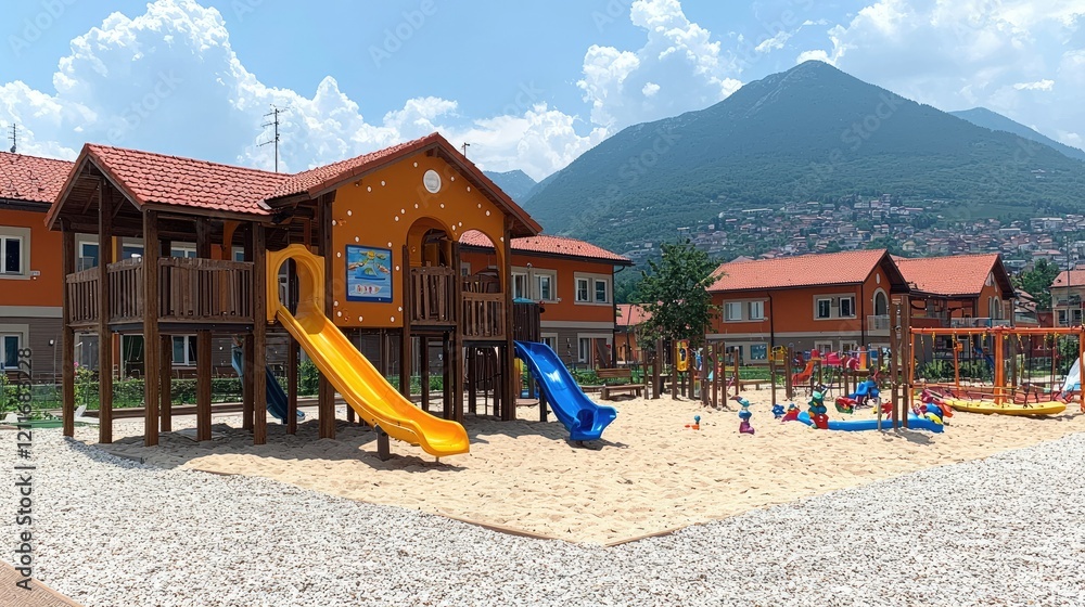 Colorful Playground Structure Near Mountain Houses Colorful Playground Structure Near Mountain Houses