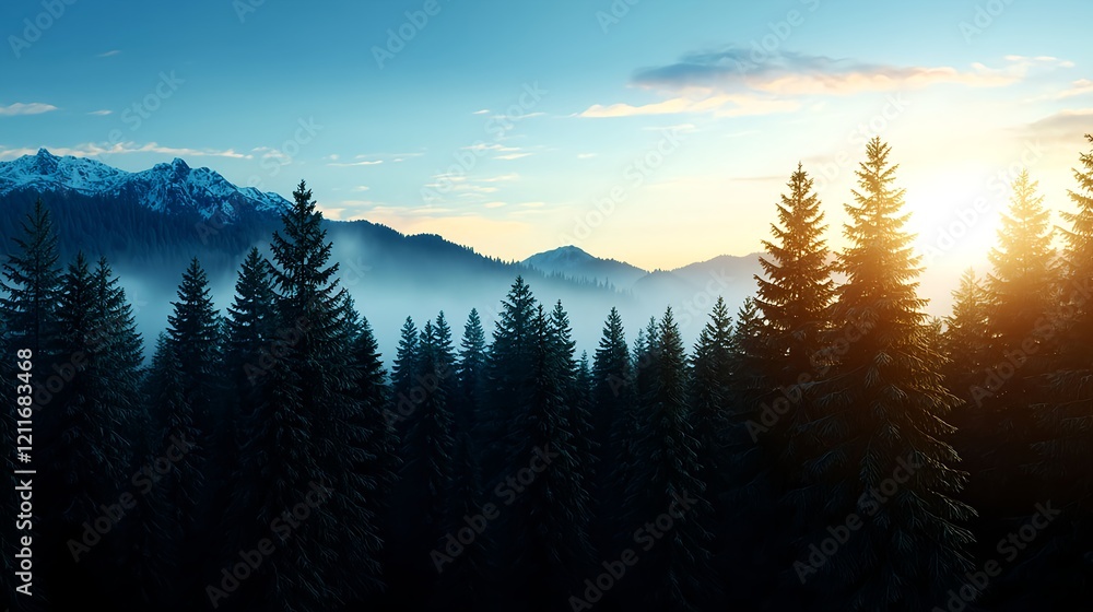 Obraz premium Serene Sunrise Over Misty Pine Forest in Majestic Mountain Landscape